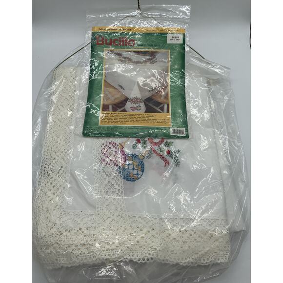 Vintage Bucilla Cross Stitch Christmas Baubles 60” x 104” Completed Tablecloth - Picture 7 of 11